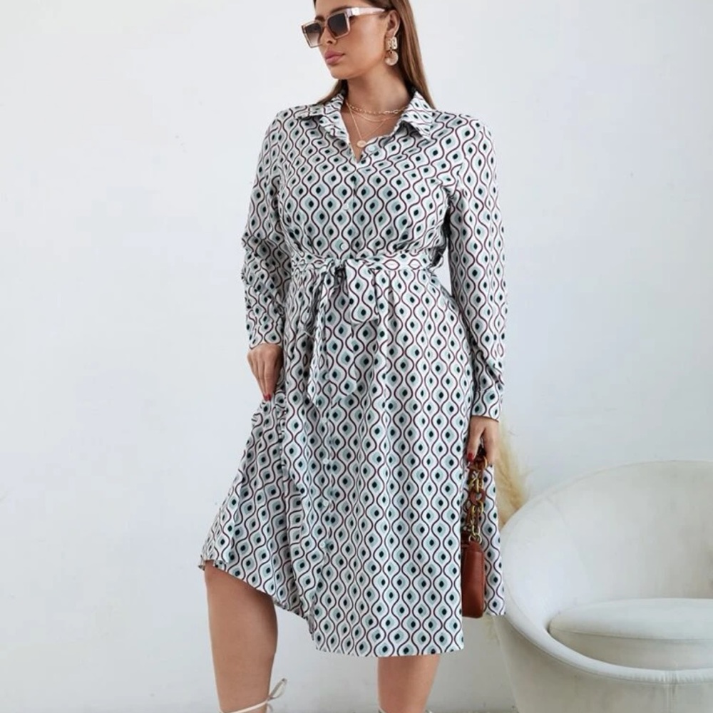 NWOT Plus Wave Stripe & Geo Print Belted Shirt Dress